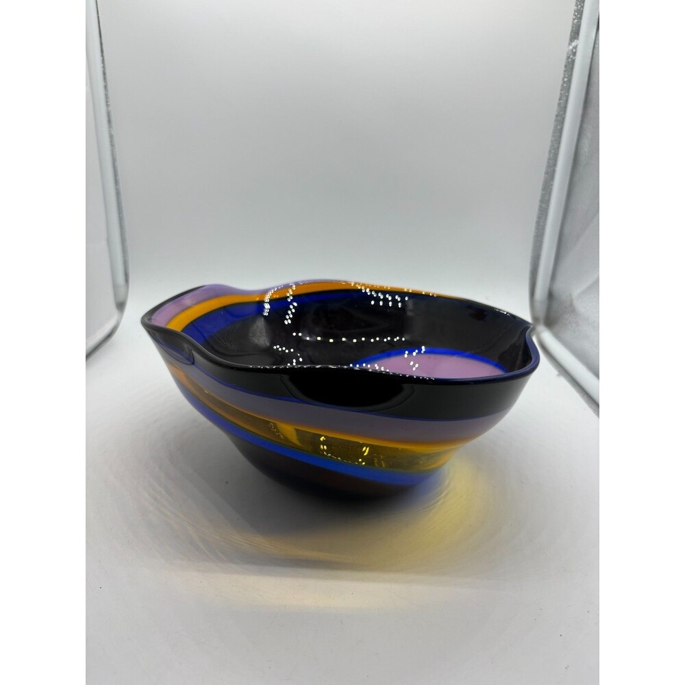 Art Glass Bowl Wavy Ruffled Edge Hand Blown Swirl Purple Blue Yellow Black
